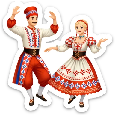Cinematic Realistic scene of two performers engaging in the Croatian Linđo folk dance, adorned in vibrant traditional costumes with intricate patterns and accessories, captured in graceful, synchronized motion under festive natural lighting. sticker