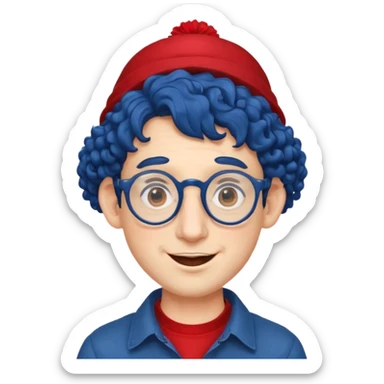 dark blue haired man curly hair with big ears and red earrings and spectacles happy and hat wearing sticker