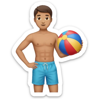 A man in Bermuda shorts as a full-body swimsuit and a beach ball sticker