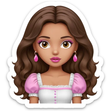 generate a pretty bratz girl with dark brown eyes in a white puff sleeve top. Pink lipgloss. Brown wavy hair long.  sticker