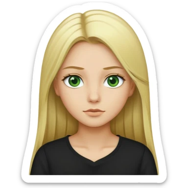 Long straight blonde hair with green eyes and black shirt sticker