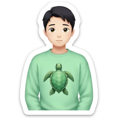 Gorgeous pastel green sweater black hair anime style shojo guy with blushing face and, turtle, aesthetic, young adult, trending style outside  sticker