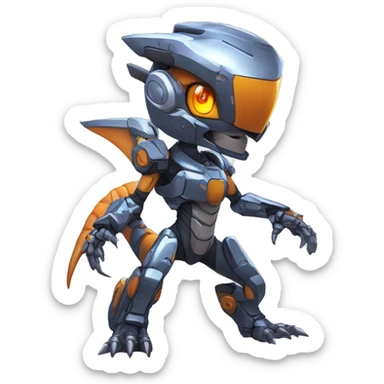 Colorful Edgy Chibi Greymon-Velociraptor-Genesect-Fakémon-Pokémon wearing a with a futuristic visor-helmet And Mecha-suit Full Body sticker