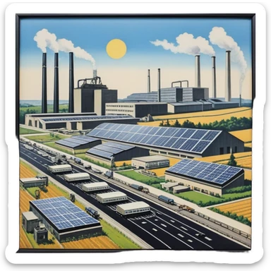 modernization scene in Germany late 1960s to 1970s with modern factories, computers, solar panels, people from industry, science, and society, gears, lightbulb, autobahn, small portraits or silhouettes of Willy Brandt and Helmut Schmidt, optimistic atmosphere sticker