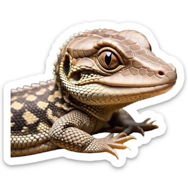 Meme-Worthy cute Sleeping brown camo spotted monitor Lizard Portrait Emoji, Head resting peacefully with a contented smile, showcasing intricately patterned scales and eyes gently closed in serene slumber, Simplified yet comically adorable features, highly detailed, glowing with a soft, drowsy earthy light, high shine, relaxed and utterly lovable, stylized with an air of playful laziness, bright and heartwarming, soft glowing outline, capturing the essence of a sleeping reptilian guardian that feels destined to become the next viral icon of adorable rest! sticker