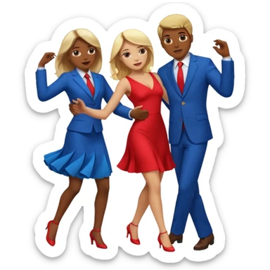 Two people dancing. One wearing red with light skin and blonde hair. One wearing bue with dark skin and brown hair. sticker