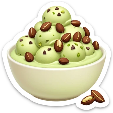 I want a emoji of pistachio ice cream with pistachio on top and some chocolate chips , make sure it’s in a bowl and aesthetic in a white bowl and make it look a little bit more green sticker