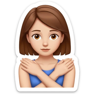 A girl with brown hair arms crossed and hands grabbing neck sticker