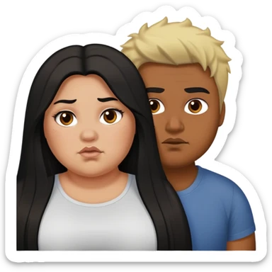 Girl with long black hair who's fat is trying to take a guy with brown are and blond frosted tips in it and he's giving her a dirty look sticker