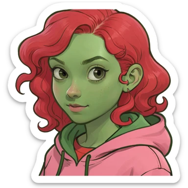 a girl with red curls and a pink hoodie sticker