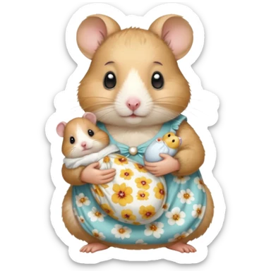 Mama white pretty hamster girl wearing floral dress holding a baby hamster wearing nappy and dummy sticker