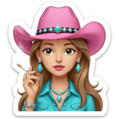 White girl, black cowboy hate with turquoise hat band sparkling, long brown straight hair, pink and black western shirt, smoking a joint,  big diamond earrings sticker