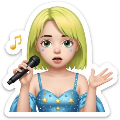 bille elish is singing, 2 hands holding mirco and twinkle dresss sticker