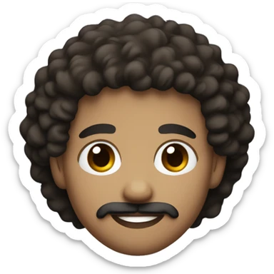 white skin young guy with brown eyes and wavy/curly hair in black leaning to brown color. with goatee and a mustache sticker