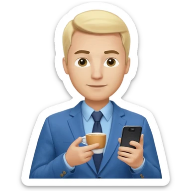 Confident male entrepreneur, Caucasian features, blonde hair, defined eyebrows, slight smile, wearing blue blazer over light blue shirt, holding a smartphone in one hand and a coffee cup in the other, waist-up, front-facing sticker