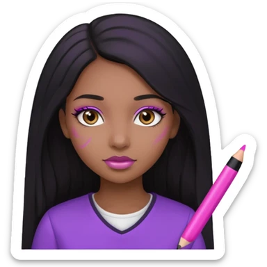 Une fille noir au cheveux lisse qui est entrain d’écrire avec un stylo rose sur un cahier violet cheveux long et lisse avec des jolis yeux et un beau makeup sticker