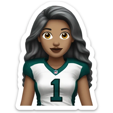 White female long dark hair red lips wearing Philadelphia Eagles jersey sticker