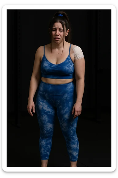 Realistic woman inspired by the reference photo, with bandaging and swelling on the right shoulder, suffering expression, wearing sporty clothing as in the photo. Realistic style. sticker