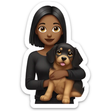 girl with white-fair-skin and long straight black hair and small face wearing a off-shoulder black shirt while holding her golden retriever puppy  sticker
