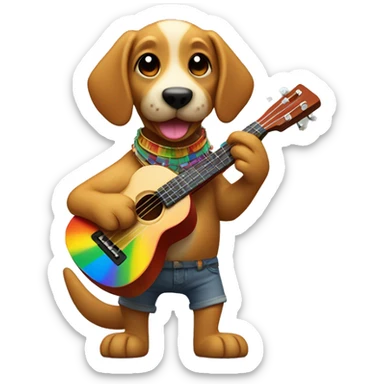 rainbow dog playing the ukulele, holding an echpochmak in its hind paw and a credit card in the other hind paw sticker