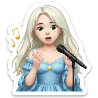 billie eilish is singing, holding mirco and twinkle dresss, white long hair sticker