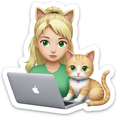 Blonde girl ponytail green eyes with macBook and a cat sticker