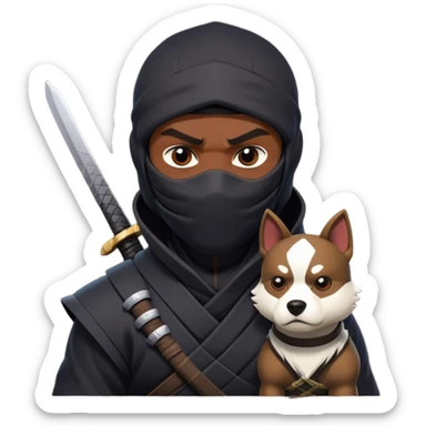 clash-of-clans-aesthetic_-cinematic-mysterious-male-ninja-portrait-emoji, rendered in a flat, vector-style with minimal shading and bold, simplified shapes,   with a head slightly turned revealing intense, focused eyes. the ninja is accompanied by a Ninken dog sticker