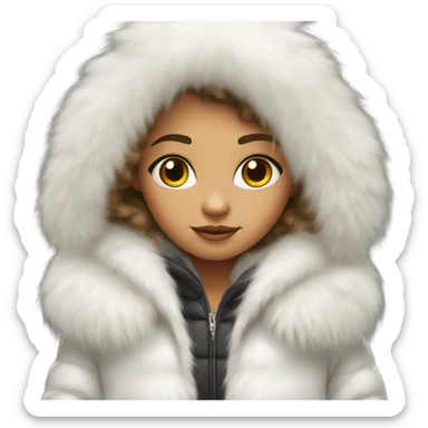 Girl in a extremely big fluffy oversized white fur coat with hood on. The fur is real and it’s very obvious big and fluffy  sticker