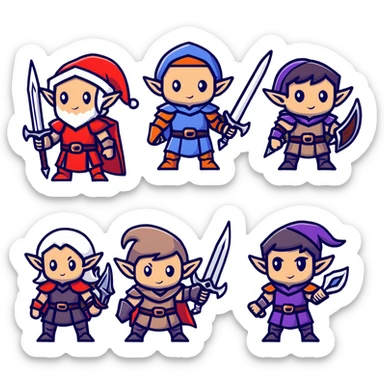 Lineage 2 character group with Human knight, Elf archer, Dwarf fighter, and Dark Elf mage sticker