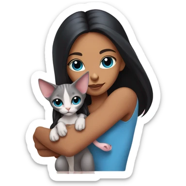A girl with long black hair holds a pink sphinx cat with blue eyes in her arms sticker