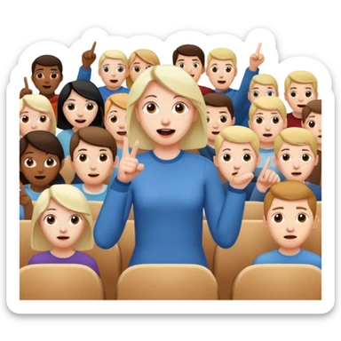 A person in the front row feeling scared, with the audience HAPPY AND POINTING FINGER. sticker