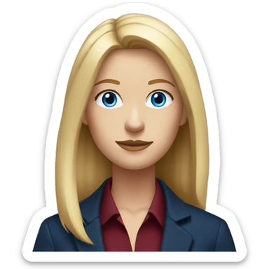 portrait of an adult girl, blue eyes, straight long bob blond hair, dark blue jacket suit, burgundy red collar under sticker