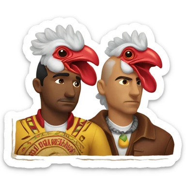 Two men with rooster heads with their backs against each other; both men wearing Mexican outfit and there is a sign around them that says “Los Pollos Hermanos” sticker