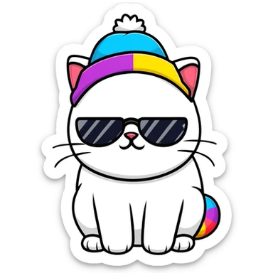 grumpy cat wearing a rainbow beanie and heart-shaped sunglasses sticker
