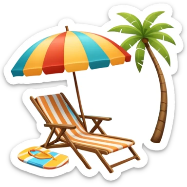 Icon for Beach Tourism: a sandy beach with a lounge chair, sun umbrella and flip-flops, ocean landscape in the background. The icon should capture the relaxation and fun of a beach vacation. Transparent background sticker