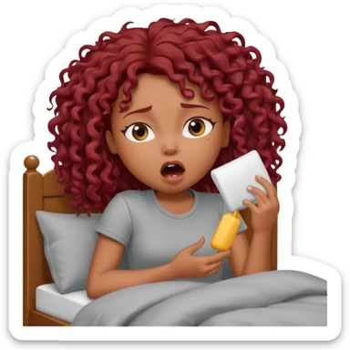 generate a pretty bratz brown skinned girl curly dark red hair, yawning in bed in a grey tshirt bored. sticker