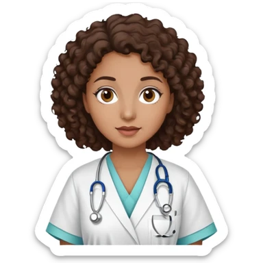 mulher com cabelo cacheado castanho escuro, pele marrom médio, olhos castanhos escuros, usando jaleco hospitalar, sem estetoscópio sticker