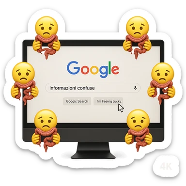 SCHERMO DI PC CON LA SCRITTA "informazioni confuse" SULLA BARRA DI RICERCA GOOGLE SULLO SCHERMO E IL CLICK DEL MOUSE SULLA SCRITTA CERCA, stile emoji iphone fluttuano in aria stringendo in mano un pezzo di colon intestinale, iperrealistico 4k sticker