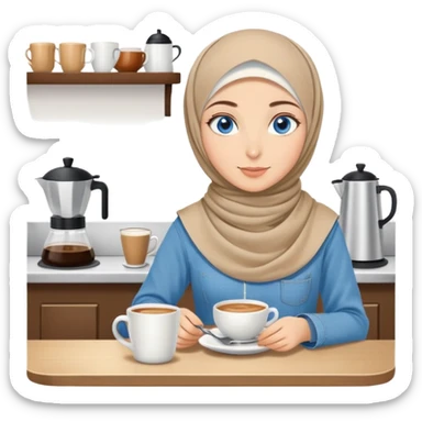 Turkish beautiful finish Konya two girls blue eyes with beige denim hijab islamic dress and make breakfast in coffeehouse sticker
