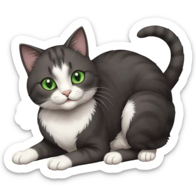 beautiful female solid dark grey cat with green eyes, white toes/paws and white patch on her chest rolling upside down sticker