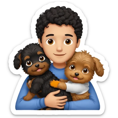 Young man with little brown skin, black curly hair, cheerful dark brown eyes, hugging two yorkie of long hair  sticker