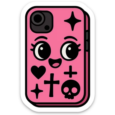 pink and black gothic phone case, big eyes, smiling, playful, cartoonish, gothic symbols sticker