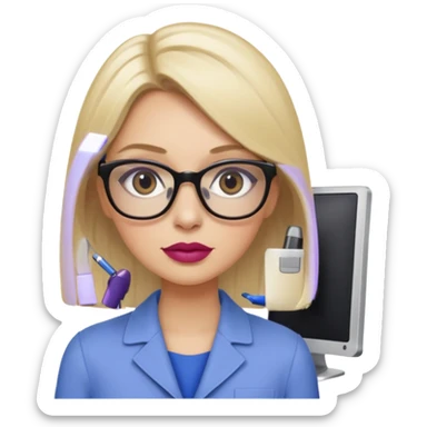 donna bella, occhi azzurri con occhiali, capelli medi, lisci e biondi, lavora al pc. Labbra color malva chiaro sticker