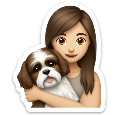 Brunette girl with brown long hair, hugging her Shih tzu white sticker