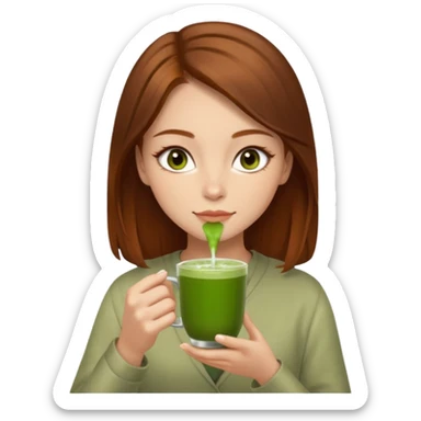 beautiful brunette with a slightly auburn hair color, with dark hazel eyes (let's call her kami), sipping matcha sticker