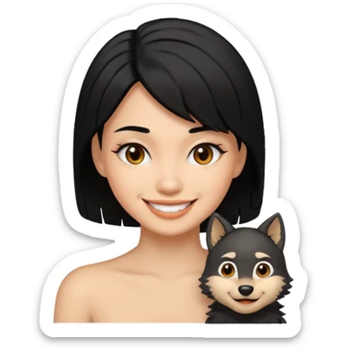woman with black wolfcut hair, smiling sticker