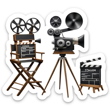 Icon for Directing: a director's chair, a film clapperboard, large movie camera, vintage megaphone and a stage with a spotlight. The icon should represent the creative and organizational aspects of directing, with focus on storytelling, staging, and performance. Transparent background. sticker