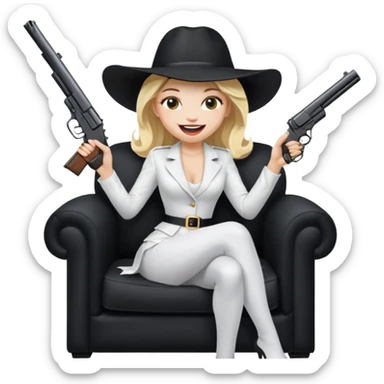 Mafia blondes Laughter woman in hat , gun ,black armchair , white costume  sticker