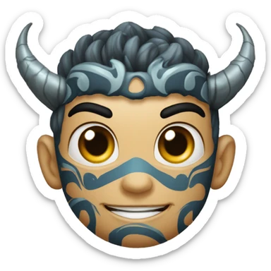 Crie um emoji de um cara de 31 anos, com uma tatuagem de dragão no peito e outra tribal no braço, vista dele de terno sticker