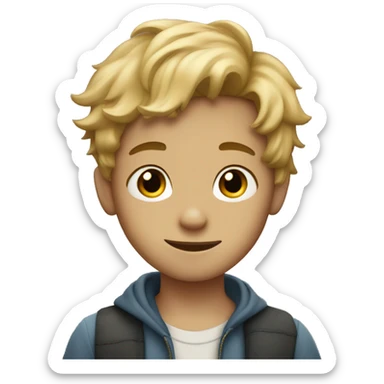 A boy with dirty blonde hair with freckles posing with a peace sign sticker